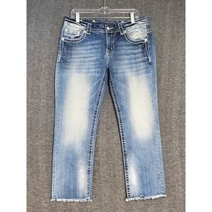 Miss Me Jeans Women's Size 30 (33x26) Mid-Rise Easy Cropped  Blue & Pink Bling